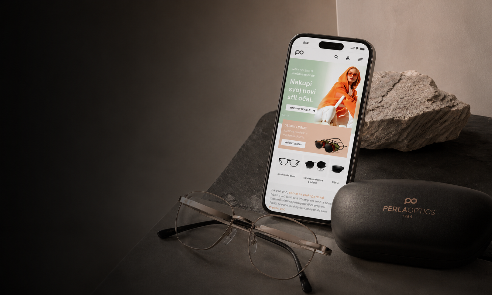 Perla Optika brand identity and ecommerce system hero visual